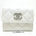【中古】CHANEL(シャネル) マトラッセ 名刺入れ ラインストーン 白×クリア ラムスキン