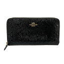 【中古】COACH(コーチ) デボスド シグネチャー パテント アコーディオン ジップ アラウンド 長財布 黒 レザー