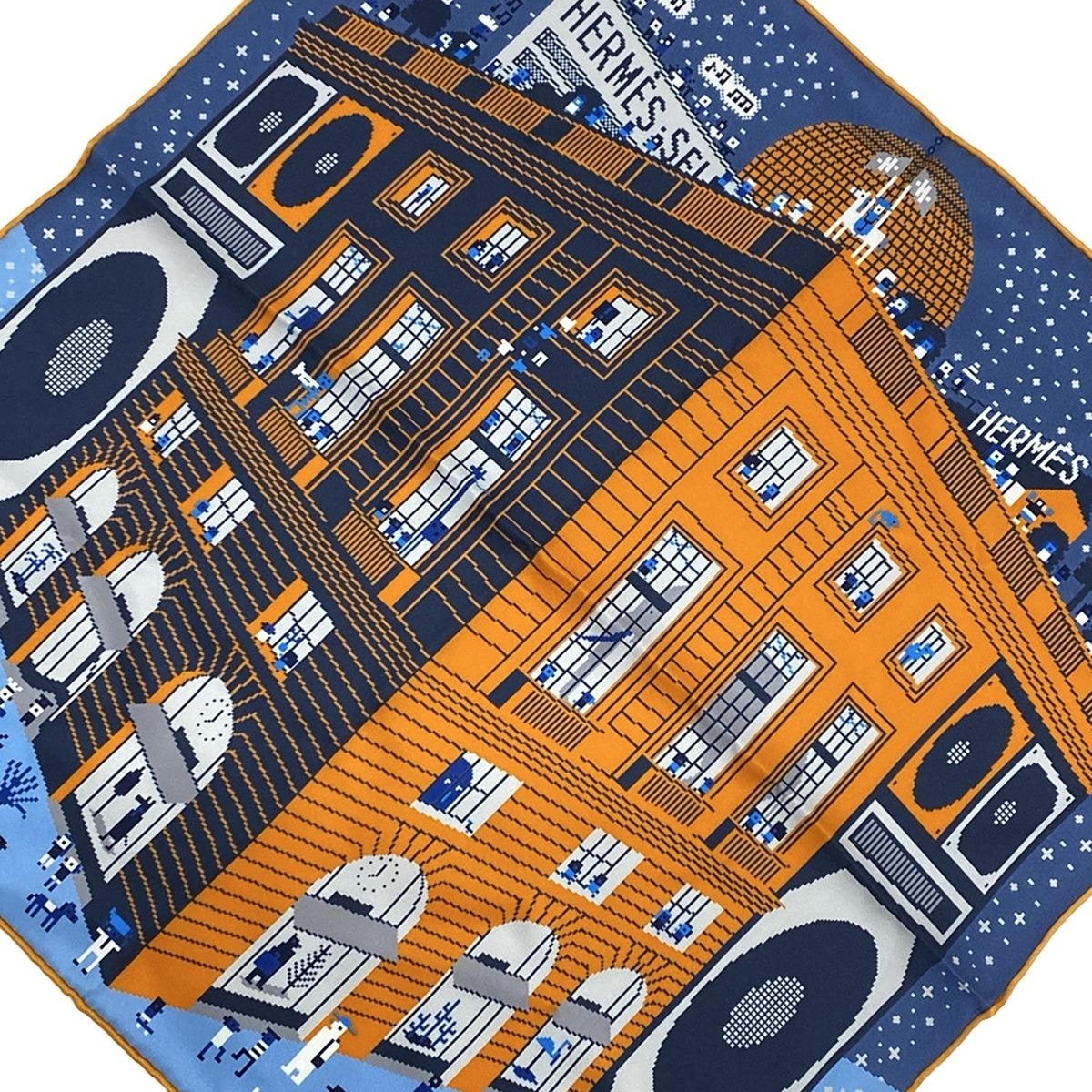 【中古】HERMES(エルメス) カレ45 スカーフ FAUBOURG PARTY (フォーブルパーティ) ネイビー×オレンジ×マルチ