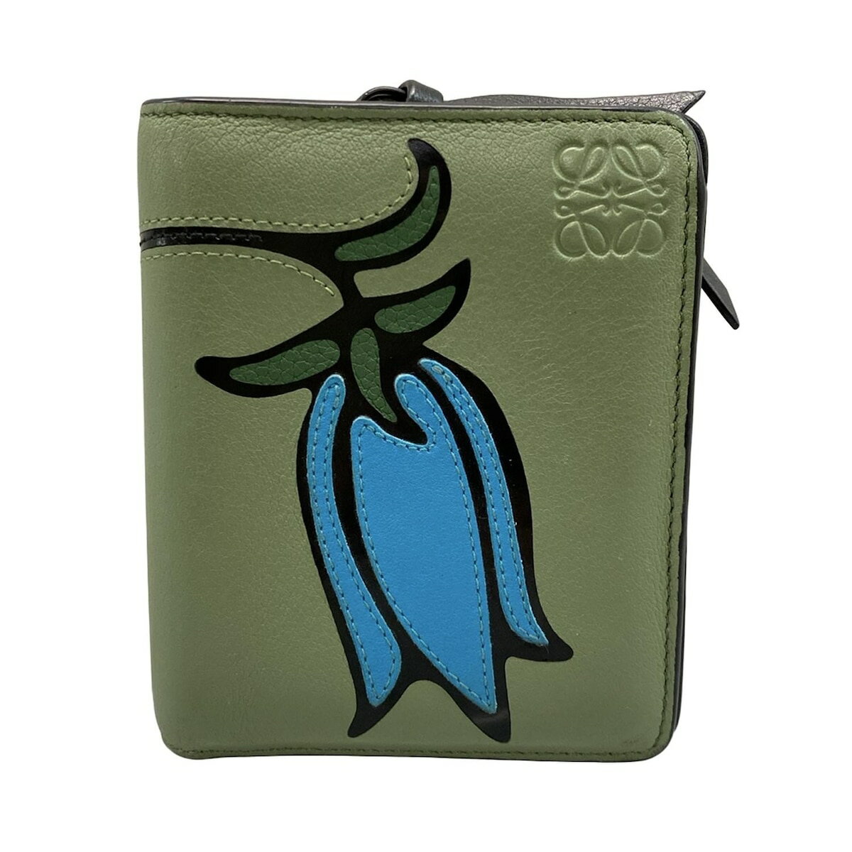 【中古】LOEWE(ロエベ) ハーバリウム コンパクト ジップ ウォレット 2つ折り財布 グリーン×ライトブルー