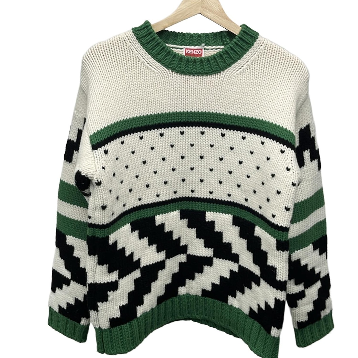 【中古】KENZO(ケンゾー) 長袖セーター 白×黒×グリーン