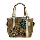 【中古】COACH(コーチ) ニューストロー モチーフトート トートバッグ 刺繍/フラワー(花) ブラウン×アイボリー×マルチ リネン、レザー