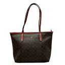 【新着】【中古】COACH(コーチ) シグネチャー シティー ジップ トップ トート トートバッグ ダークブラウン×ピンク レザー(4)