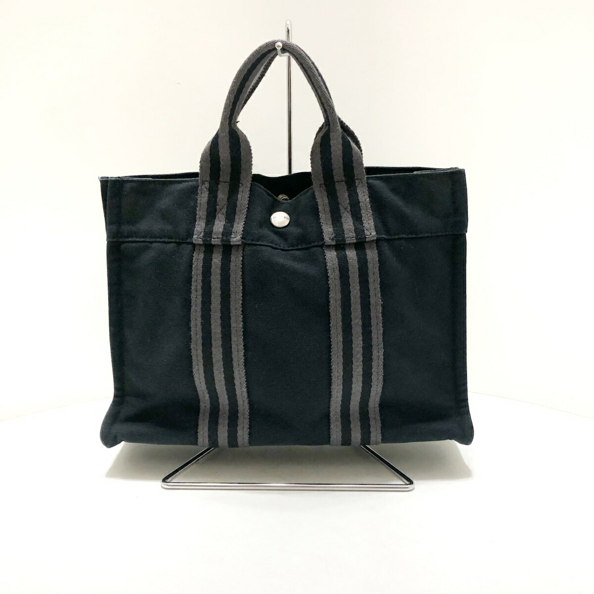 【中古】HERMES(エルメス) ニューフールトゥトートPM トートバッグ 黒×グレー キャンバス