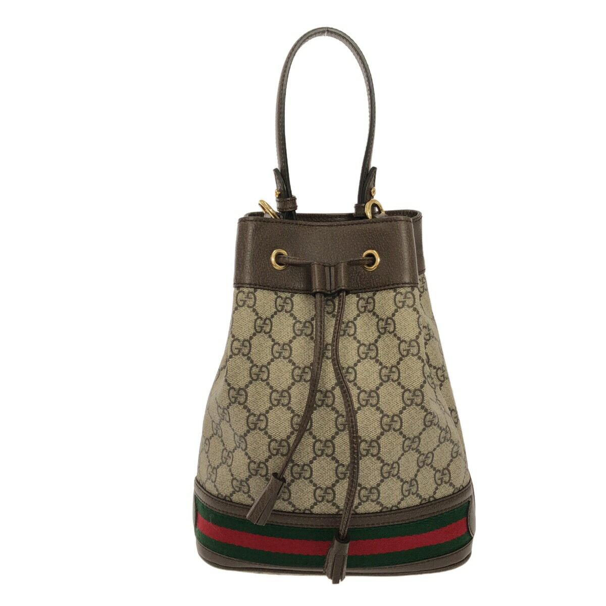 【中古】GUCCI(グッチ) オフィディア GGスモール バケットバッグ,GGスプリーム ハンドバッグ 巾着型 ベージュ×ダークブラウン PVC(塩化ビニール)×レザー