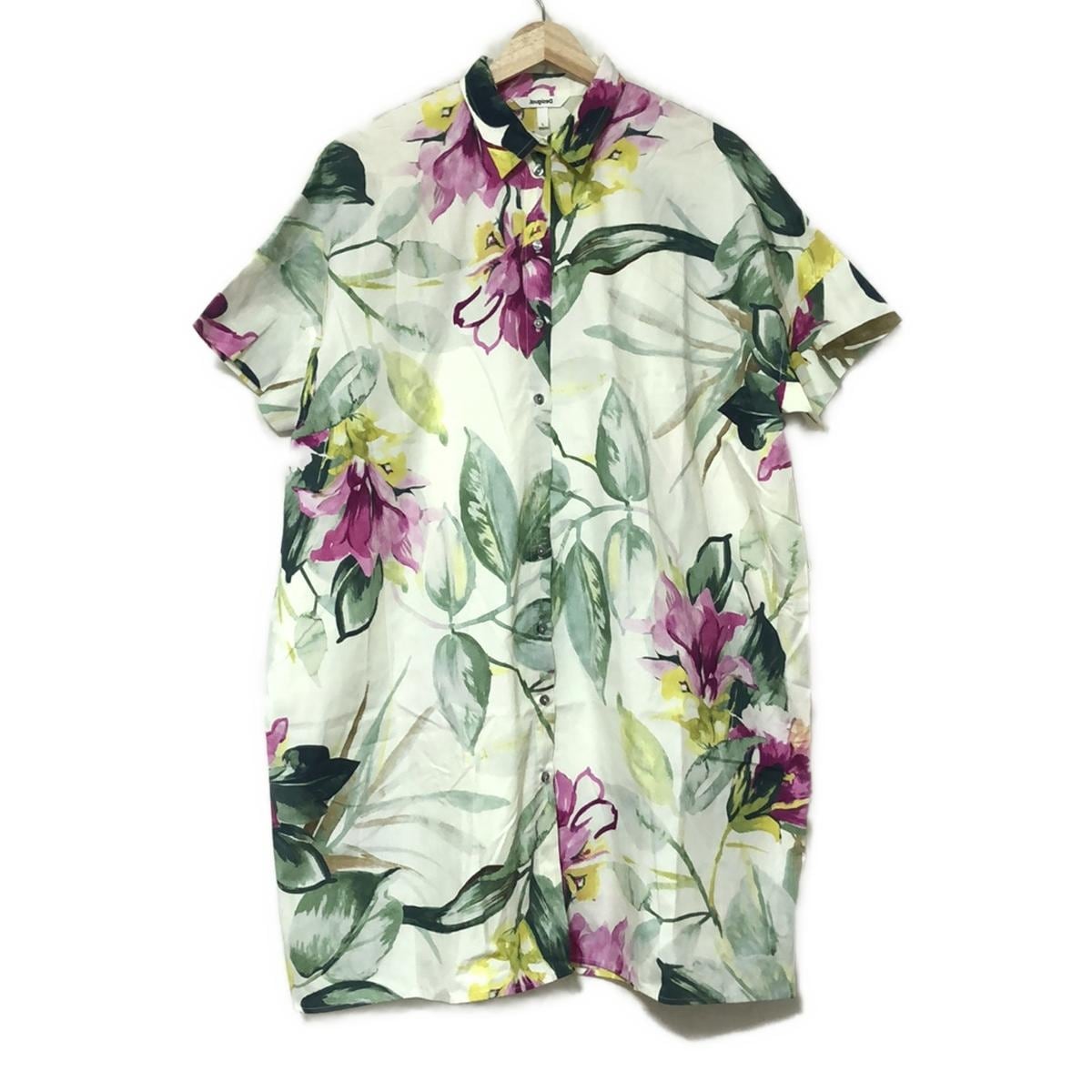 【中古】Desigual(デシグアル) ワンピース 半袖/ひざ丈/花柄/シャツワンピ アイボリー×グリーン×マルチ