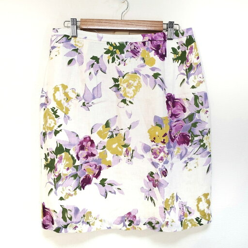 【中古】LAURAASHLEY(ローラアシュレイ) スカート ひざ丈/麻/花柄 白×パープル×マルチ 【中古】LAURAASHLEY(ローラアシュレイ) スカート ひざ丈/麻/花柄 白×パープル×マルチ