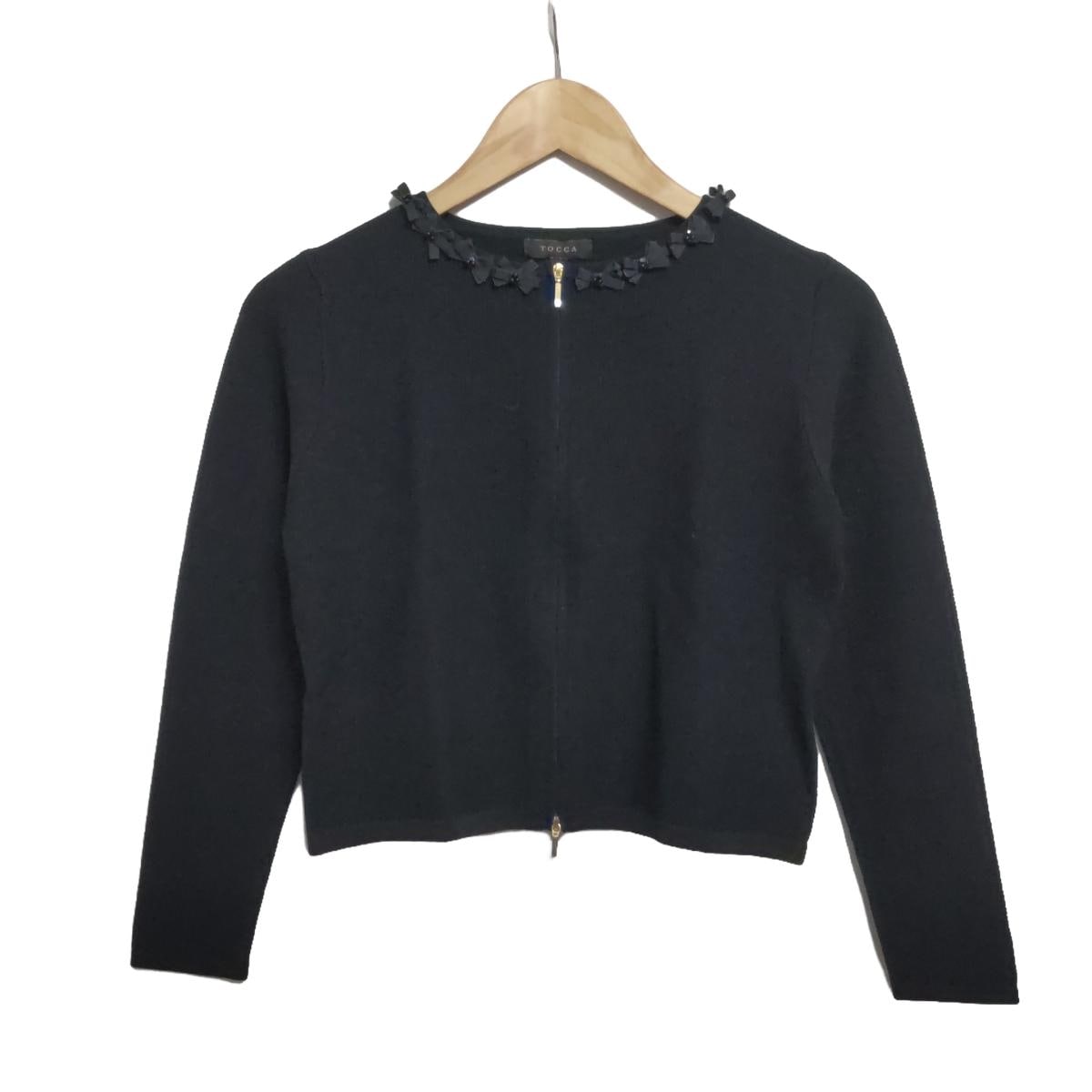 【中古】TOCCA(トッカ) カーディガン 長袖/リボン/パール/ビーズ/ジップアップ 黒