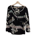 【中古】LEONARD(レオナール) チュニック 長袖/カンカン素材/花柄/リボン 黒×ピンクベージュ×マルチ