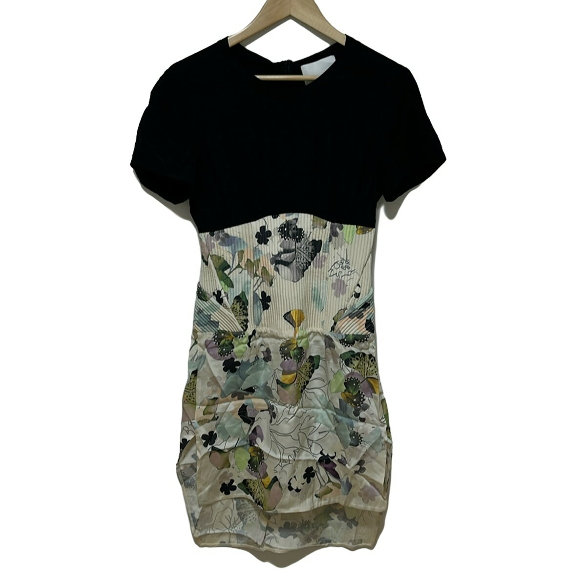 【中古】3.1 Phillip lim(スリーワンフィリップリム) ワンピース クルーネック/半袖/ひざ丈/花柄 黒×アイボリー×マルチ