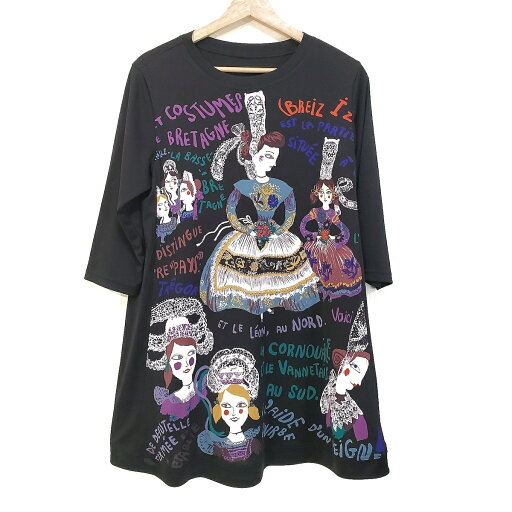 【中古】TOKUKO 1er VOL(トクコ・プルミエヴォル) チュニック クルーネック/七分袖 黒×マルチ 【中古】TOKUKO 1er VOL(トクコ・プルミエヴォル) チュニック クルーネック/七分袖 黒×マルチ