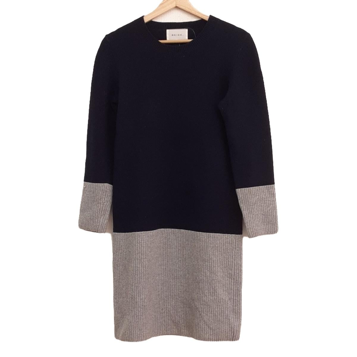 【中古】BEIGE(ベイジ) ワンピース クルーネック/長袖/ひざ丈 ダークネイビー×ライトグレー