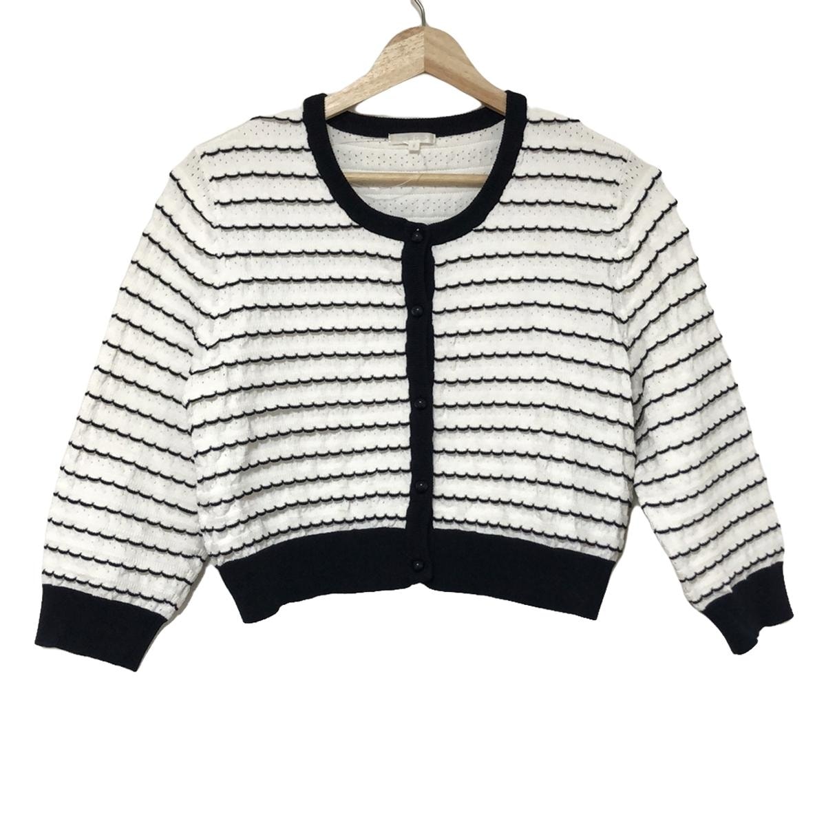 【中古】TO BE CHIC(トゥービーシック) カーディガン 七分袖/ボーダー 白×黒
