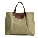 【中古】LONGCHAMP(ロンシャン) ル・プリアージュオリジナル ハンドバッグ 折りたたみ グレーベージュ×ダークブラウン レザー