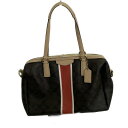 【中古】COACH(コーチ) シグネチャーストライプナンシーサッチェル ハンドバッグ ダークブラウン×ベージュ×マルチ レザー