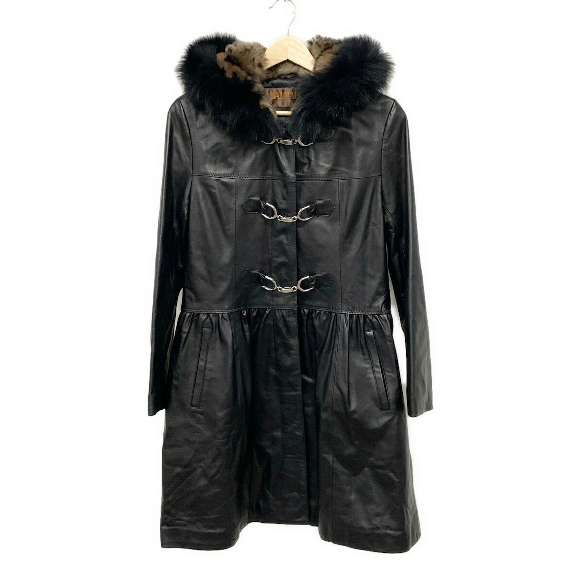【中古】BALMAIN(バルマン) コート 長袖/レザー/フォックス/レッキスラビット/秋/冬 黒