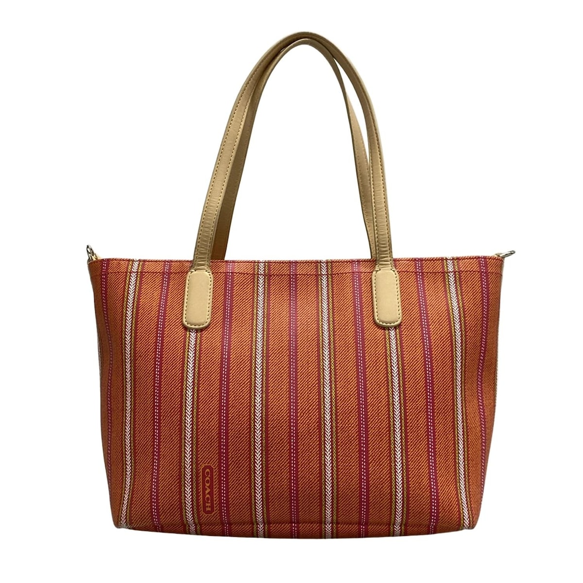 【中古】COACH(コーチ) レガシーウイ-クエンドティッキングストライプクロスボディジップトート トートバッグ ストライプ オレンジ×ベージュ×マルチ レザー