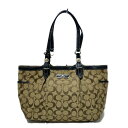 【中古】COACH(コーチ) シグネチャーギャラリーイーストウエストトート トートバッグ カーキ×黒 レザー