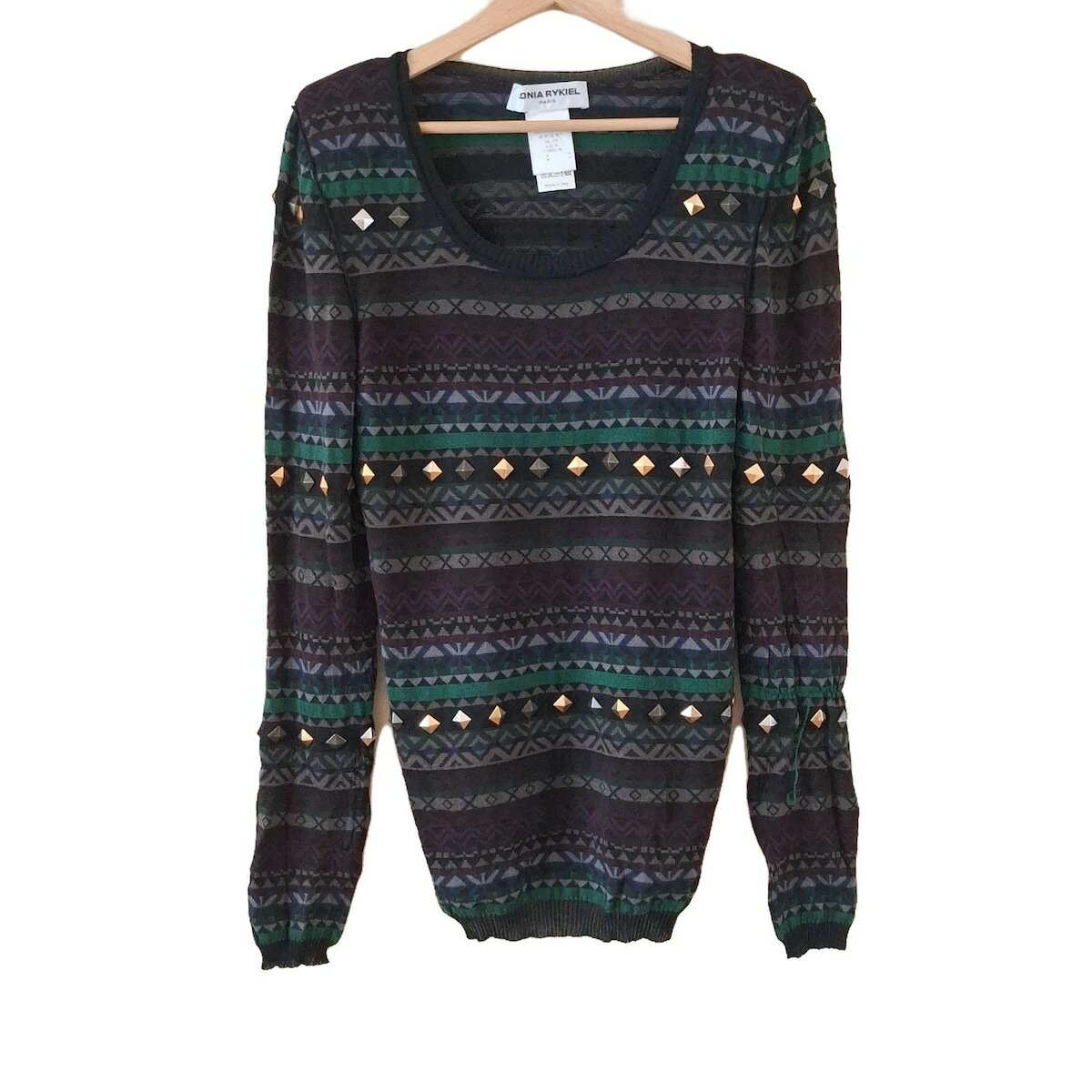 【中古】SONIARYKIEL(ソニアリキエル) 長袖セーター クルーネック/ボーダー/肩パッド/スタッズ 黒×ダークグレー×マルチ