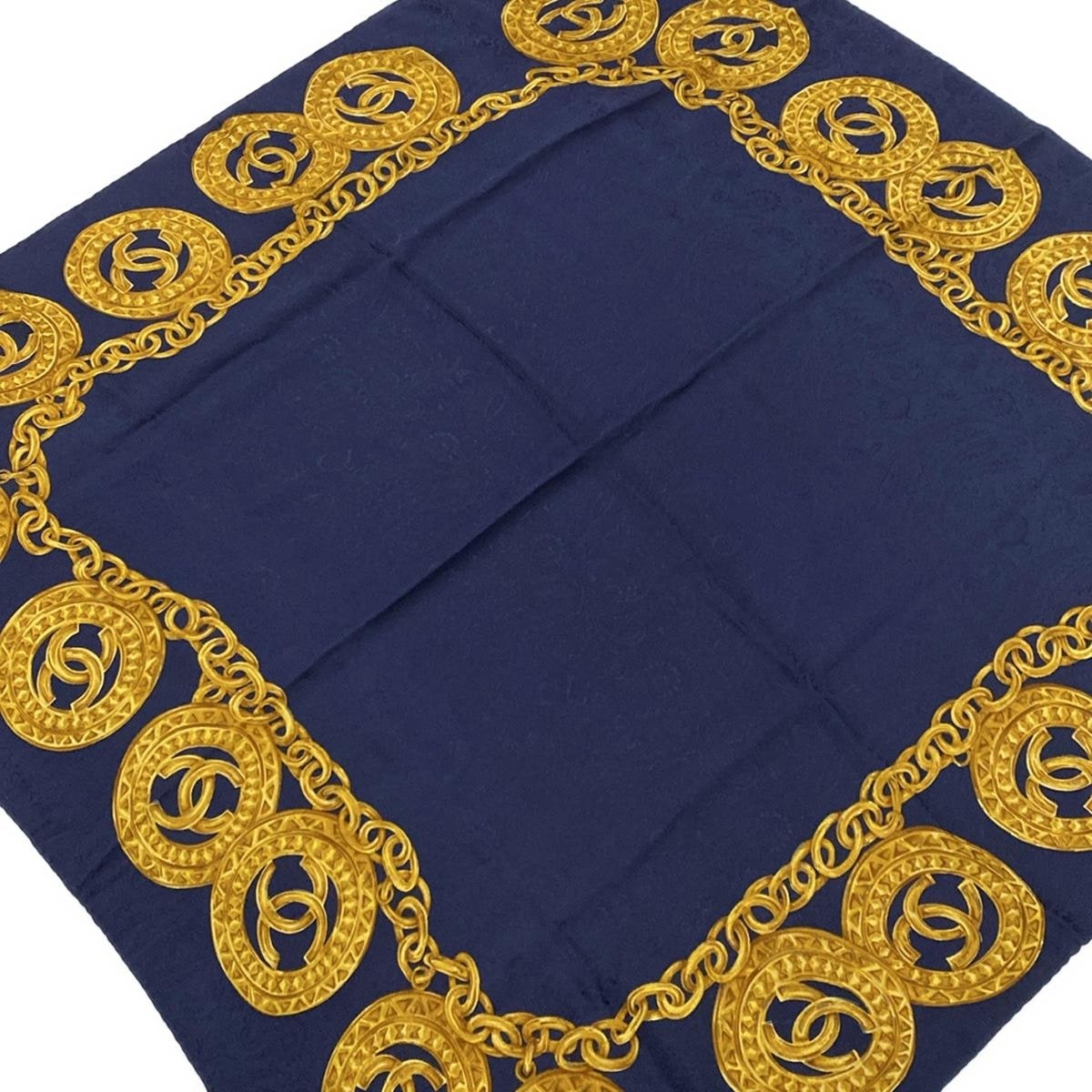 【新着】【中古】CHANEL(シャネル) ペイズリー・コインチェーン柄 スカーフ ネイビー×ブラウン