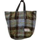 【中古】Harris Tweed(ハリスツイード) トートバッグ チェック柄 ライトブルー×ダークブラウン×マルチ ウール、レザー