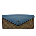 【中古】COACH(コーチ) シグネチャー柄 長財布 カーキ×ブルーグレー レザー