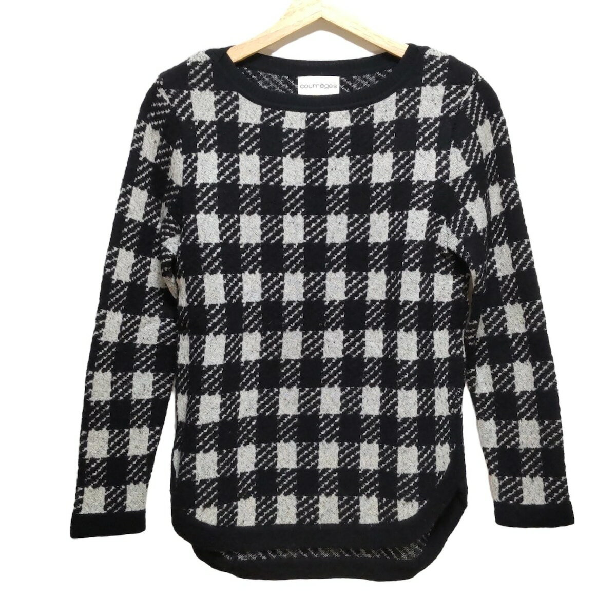 【中古】COURREGES(クレージュ) 長袖セーター クルーネック/チェック柄 黒×白