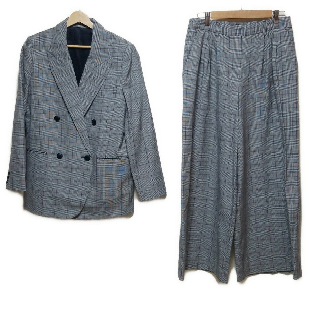 【中古】COMPTOIR DES COTONNIERS(コントワーデコトニエ) レディースパンツスーツ チェック柄/ダブル/肩パッド グレー×黒×ボルドー