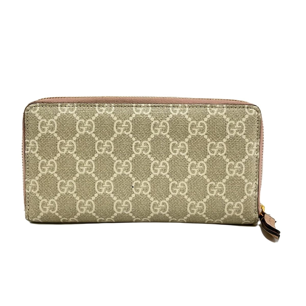 【中古】GUCCI(グッチ) GGマーモント 長財布 ラウンドファスナー グレーベージュ×ライトピンク×アイボリー レザー