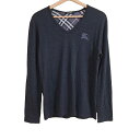 【中古】Burberry Black Label(バーバリーブラックレーベル) 長袖セーター Vネック/刺繍/騎士 黒×ライトグレー