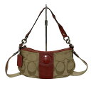 【中古】COACH(コーチ) シグネチャーストライプデミクロスボディ ハンドバッグ ベージュ×レッド