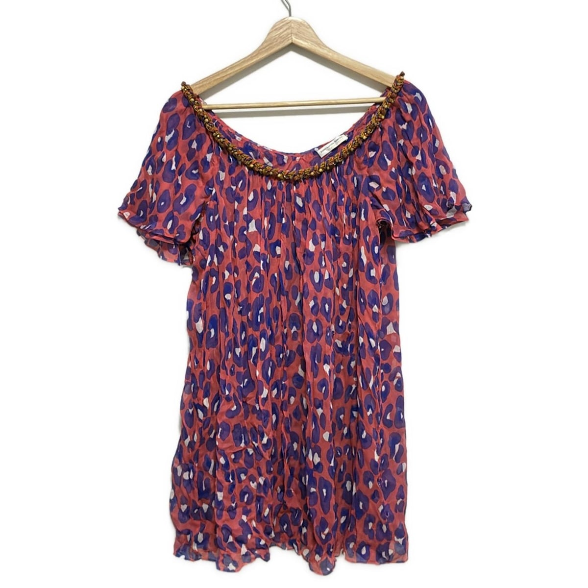 【中古】DIANE VON FURSTENBERG(DVF)(ダイアン・フォン・ファステンバーグ) チュニック その他 襟/半袖/シルク/シースルー/ビーズ/豹柄 ピンク×パープル×白