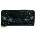 【中古】LEATHER JEWELS(レザージュエルズ) 長財布 ラウンドファスナー/型押し加工/フラワー(花) 黒 レザー