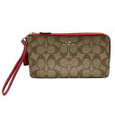 【中古】COACH(コーチ) シグネチャー柄 ポーチ カーキ×レッド レザー