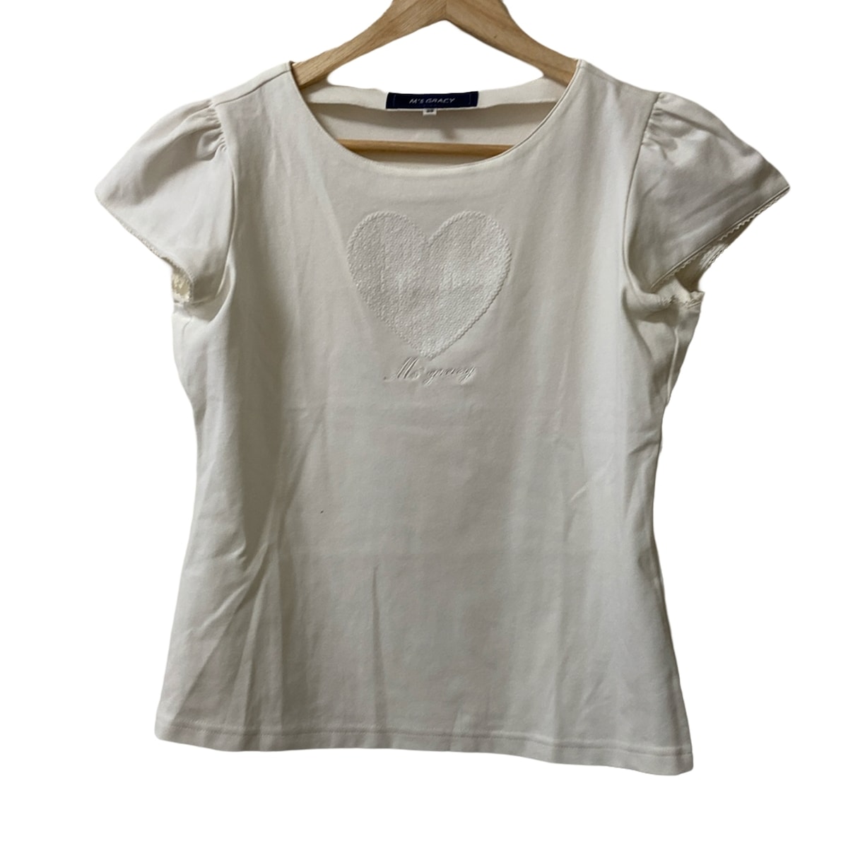 【中古】M'S GRACY(エムズグレイシー) 半袖カットソー クルーネック/スパンコール/レース 白