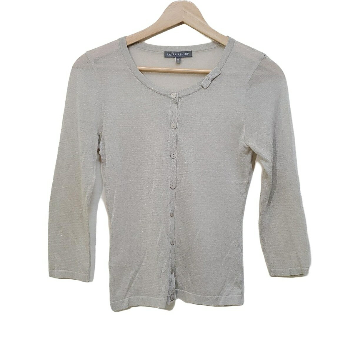 【中古】LAURAASHLEY(ローラアシュレイ) カーディガン 七分袖/ラメ/リボン グレーベージュ