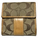 【中古】COACH(コーチ) シグネチャー柄 Wホック財布 カーキ×ライトブラウン レザー