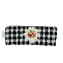 【中古】FEILER(フェイラー) ペンケース ヴィシーチェック/花柄 白×グレー×マルチ