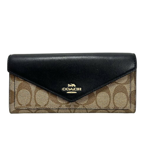 【中古】COACH(コーチ) シグネチャー柄 長財布 カーキ×黒 レザー 【中古】COACH(コーチ) シグネチャー柄 長財布 カーキ×黒 レザー