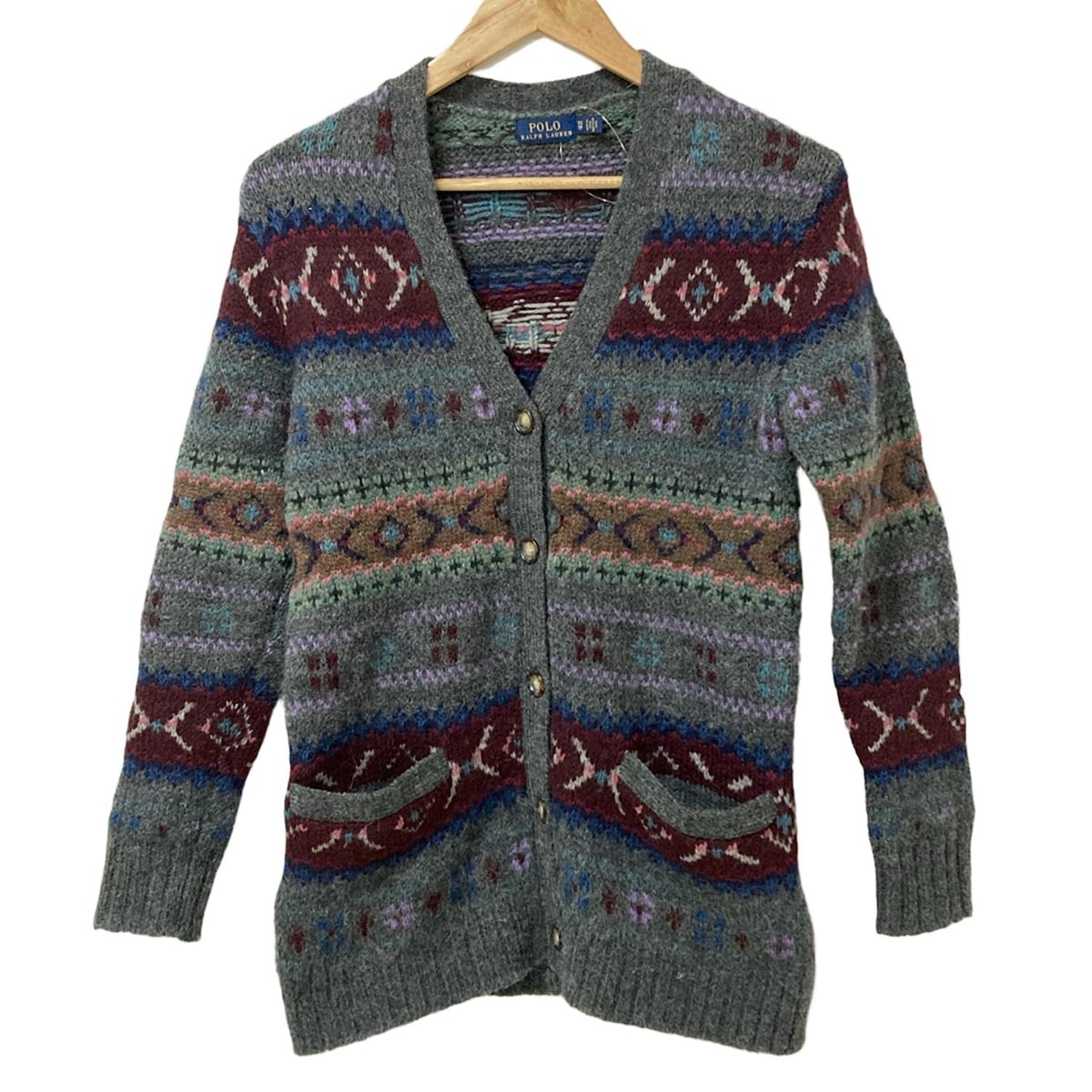 【中古】POLObyRalphLauren(ポロラルフローレン) カーディガン 長袖 グレー×ライトパープル×マルチ