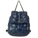 【中古】CHANEL(シャネル) バブルキルト リュックサック チェーンショルダー/ヴィンテージシルバー金具 ネイビー