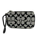 【中古】COACH(コーチ) シグネチャー柄 ポーチ ライトグレー×黒 レザー
