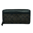【中古】COACH(コーチ) シグネチャー柄 長財布 ラウンドファスナー ダークブラウン×黒 レザー