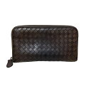【中古】BOTTEGA VENETA(ボッテガヴェネタ) ジップアラウンドウォレット 長財布 編み込み/ラウンドファスナー ダークブラウン レザー