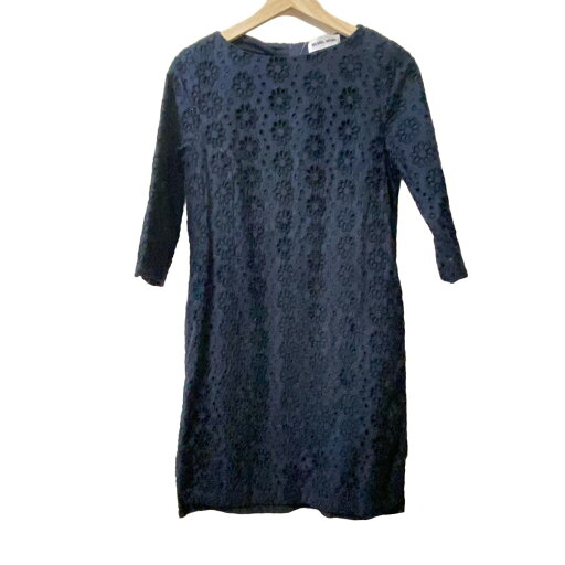 【中古】MUVEIL WORK(ミュベールワーク) ワンピース クルーネック/七分袖/ひざ丈/フラワー(花) ネイビー×黒 【中古】MUVEIL WORK(ミュベールワーク) ワンピース クルーネック/七分袖/ひざ丈/フラワー(花) ネイビー×黒