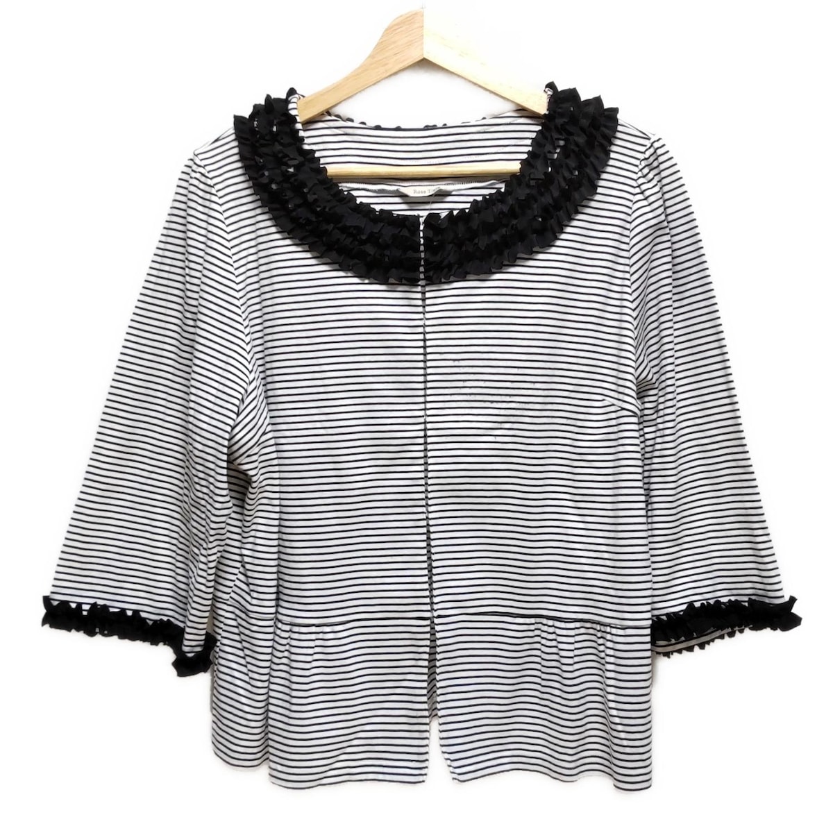 【中古】Rose Tiara(ローズティアラ) カーディガン 七分袖/ボーダー/フリル 白×黒