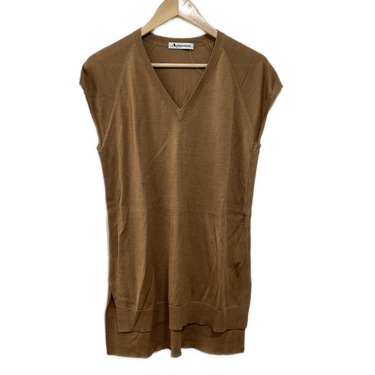 【中古】Aquascutum(アクアスキュータム) チュニック Vネック/半袖/ニット ライトブラウン