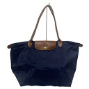 【中古】LONGCHAMP(ロンシャン) ル・プリアージュオリジナル ショルダーバッグ 折りたたみ ネイビー×ダークブラウン レザー