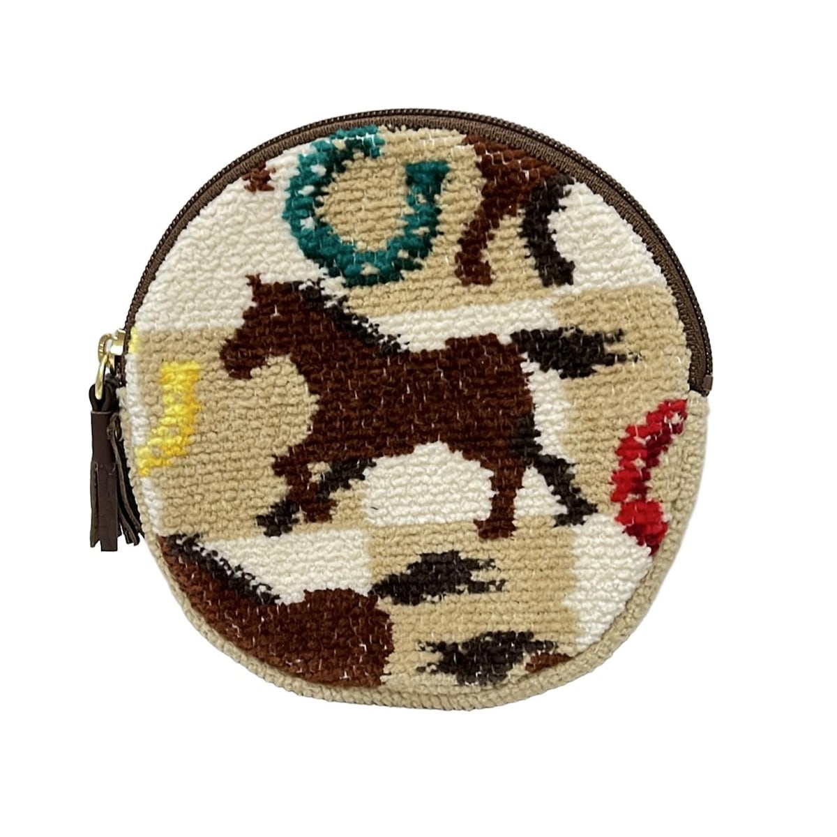 【中古】FEILER(フェイラー) ポーチ ウマ柄 アイボリー×ダークブラウン×マルチ