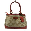 【中古】COACH(コーチ) シグネチャー柄 ハンドバッグ カーキ×レッド レザー